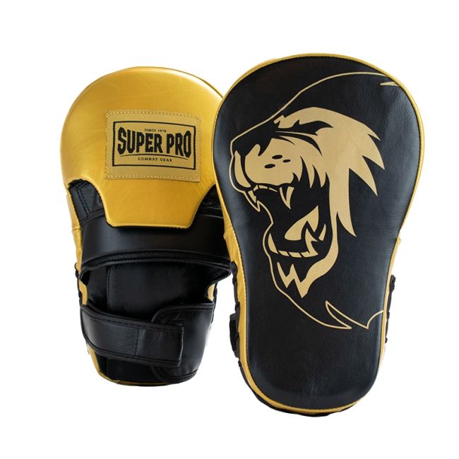 Super Pro Combat Gear Boxhandschuhe, lang, gebogen, Leder, Schwarz/Gold