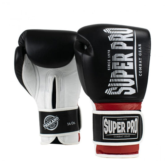 Super Pro Combat Gear Leather Thai Gloves Stripes Black/Red/White