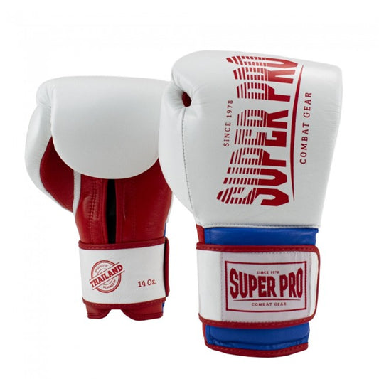 Super Pro Combat Gear Leather Thai Gloves Stripes White/Blue/Red