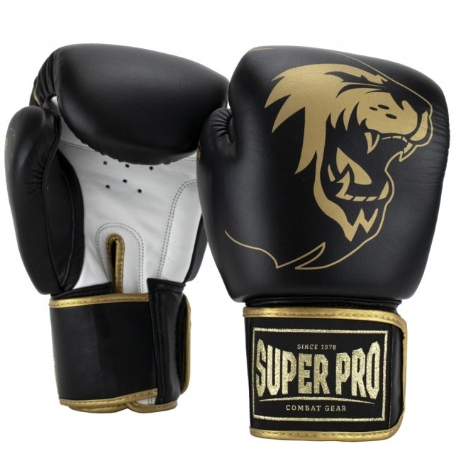 Super Pro Combat Gear Warrior | Leder Boxhandschuhe | Schwarz/Gold/Weiß Boxhandschuhe Leder SE | Boxhandschuhe Boxhandschuhe Arten